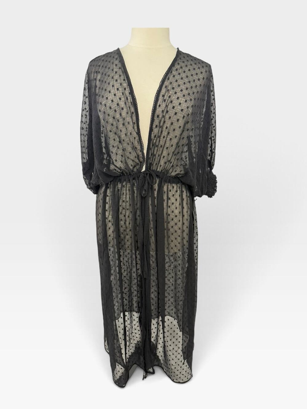 Black Tape Boho Sheer Swiss Dot Maxi Kimono, New with Tags